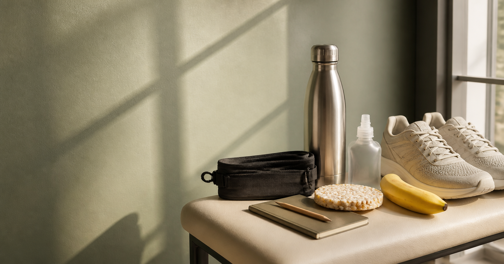 A calm pre-race arrangement of a water bottle, running shoes, banana and fuel notes