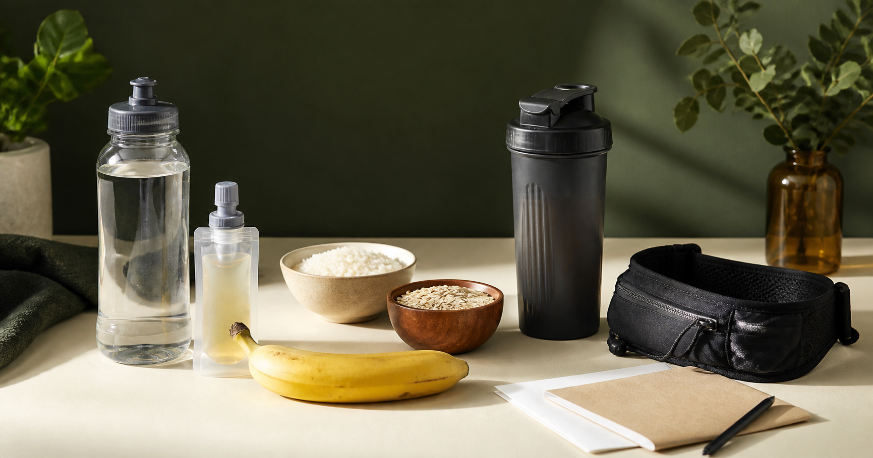 Water, simple race fuel, rice, oats and a running belt on a cream table