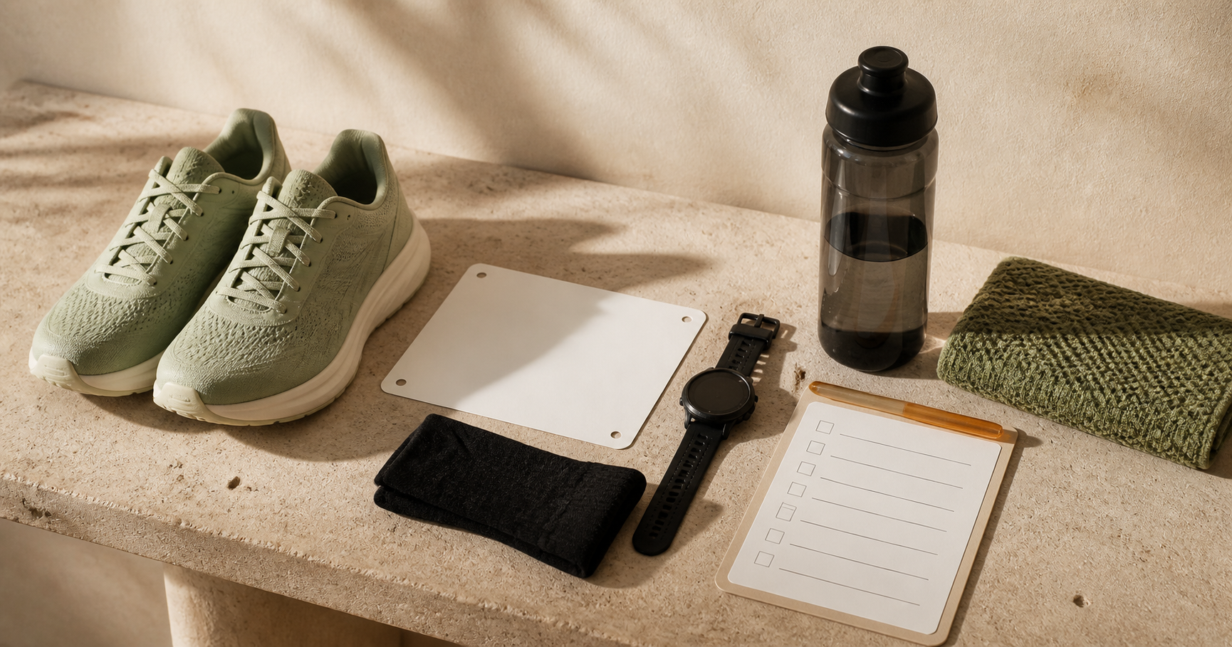 Running shoes, race-day kit, water and a simple checklist on a stone bench