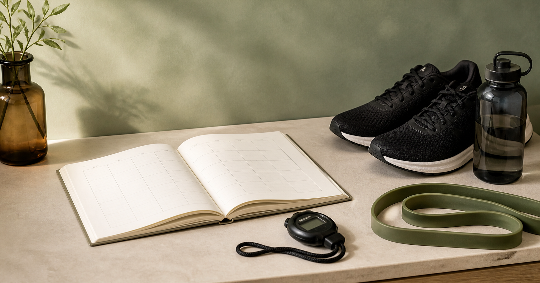 Running shoes, a training notebook, stopwatch and water bottle ready for a HYROX plan